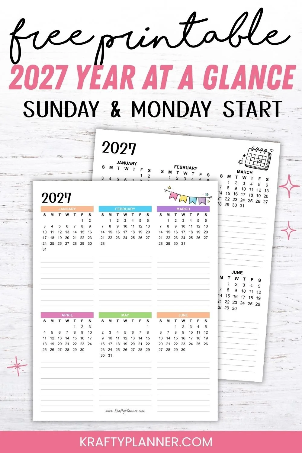 Free Printable 2027 Year at a Glance Calendar with Notes