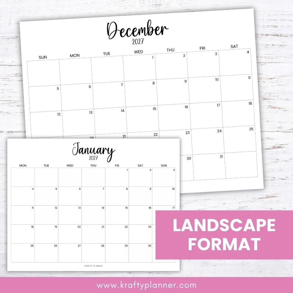 Free Printable 2027 Minimalist Calendar Landscape
