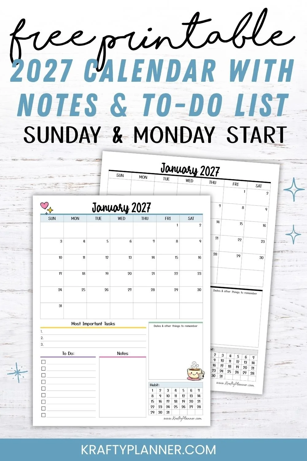 Free Printable 2027 Monthly Calendar with Notes and To-Do List