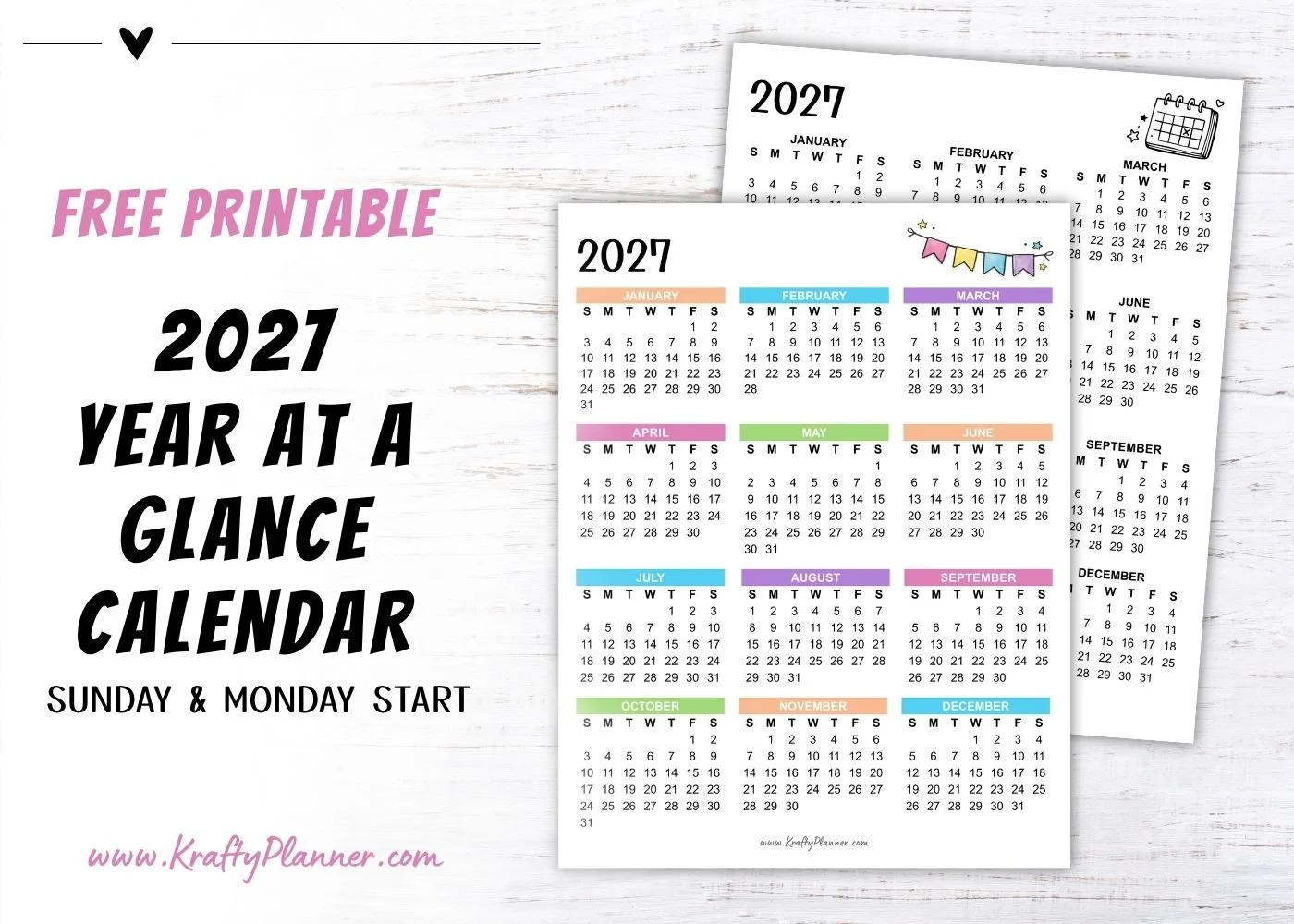 Free Printable 2027 Year at a Glance Calendar
