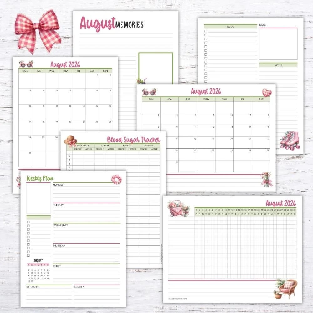 Free August 2026 Printable Pink Gingham Planner Pages