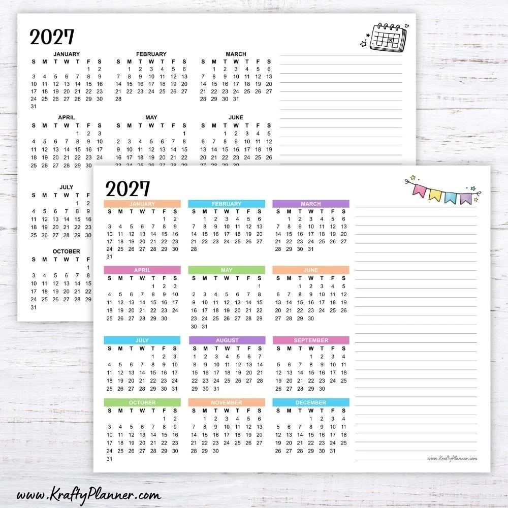 Free Printable 2027 Year at a Glance Calendar – Landscape