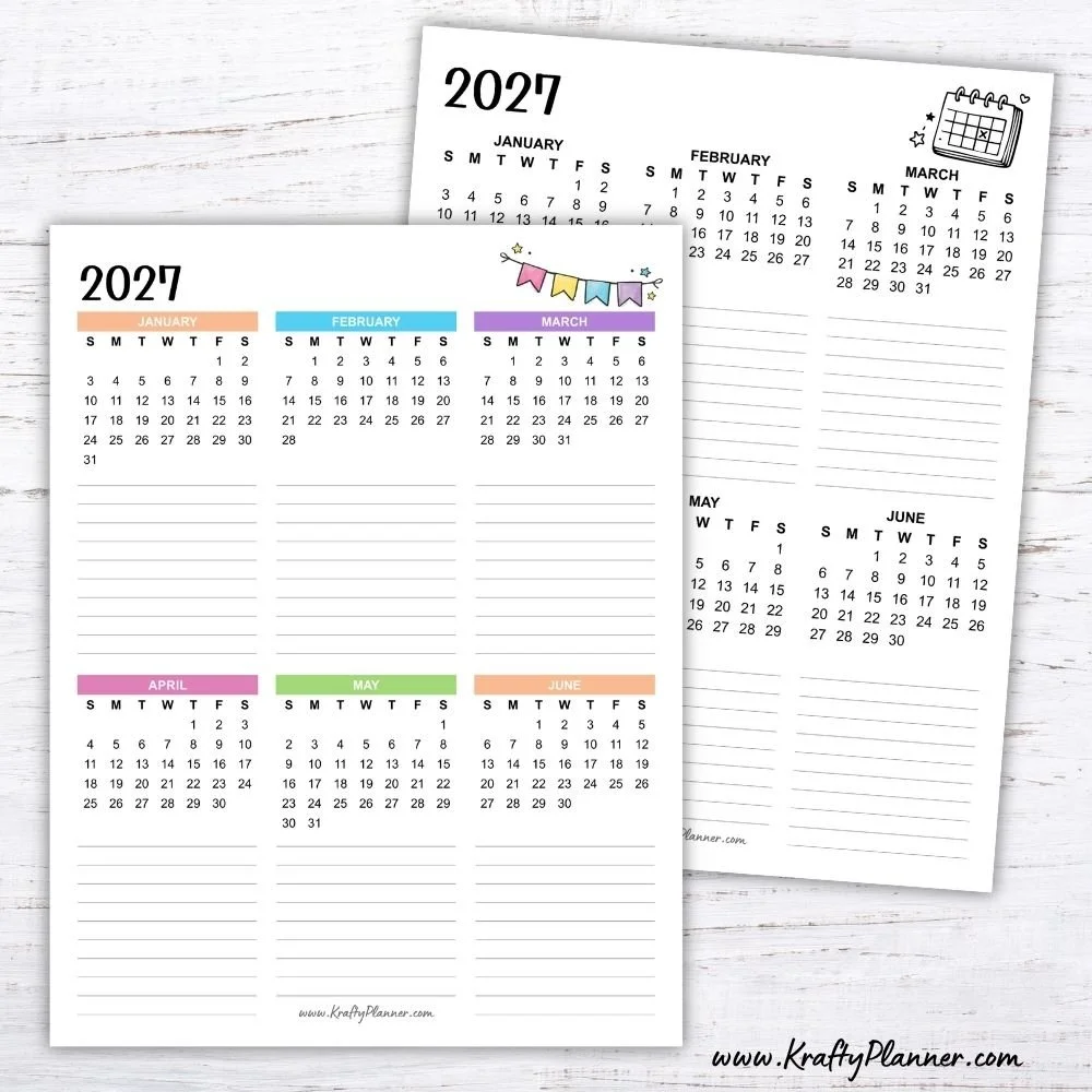 Free Printable 2027 Year at a Glance Calendar with Notes