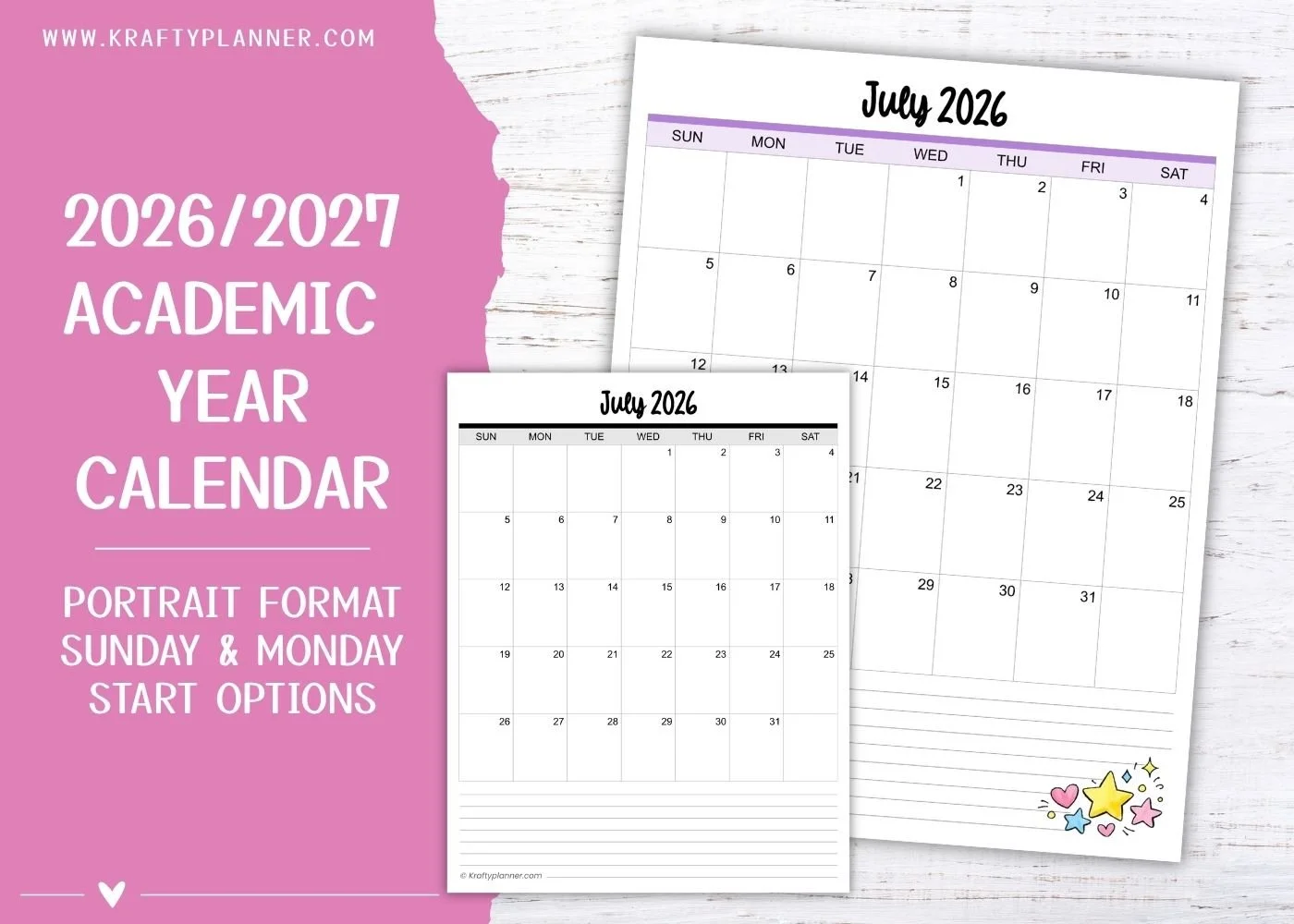Free Printable 2026–2027 Academic Calendars (Portrait)