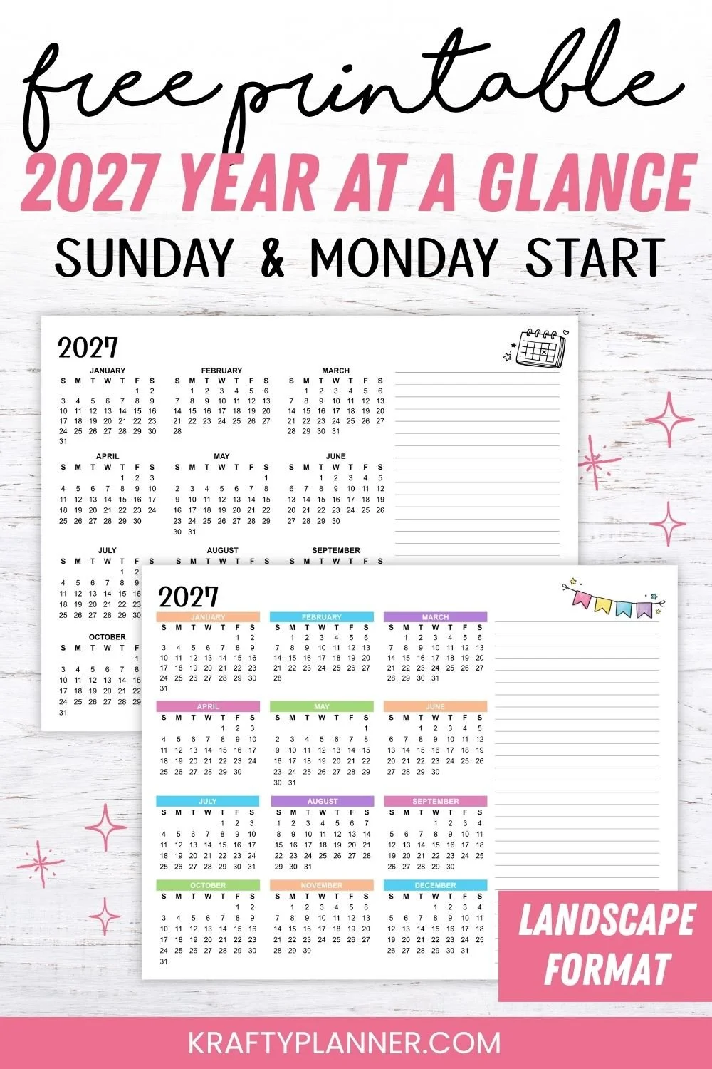 Free Printable 2027 Year at a Glance Calendar – Landscape