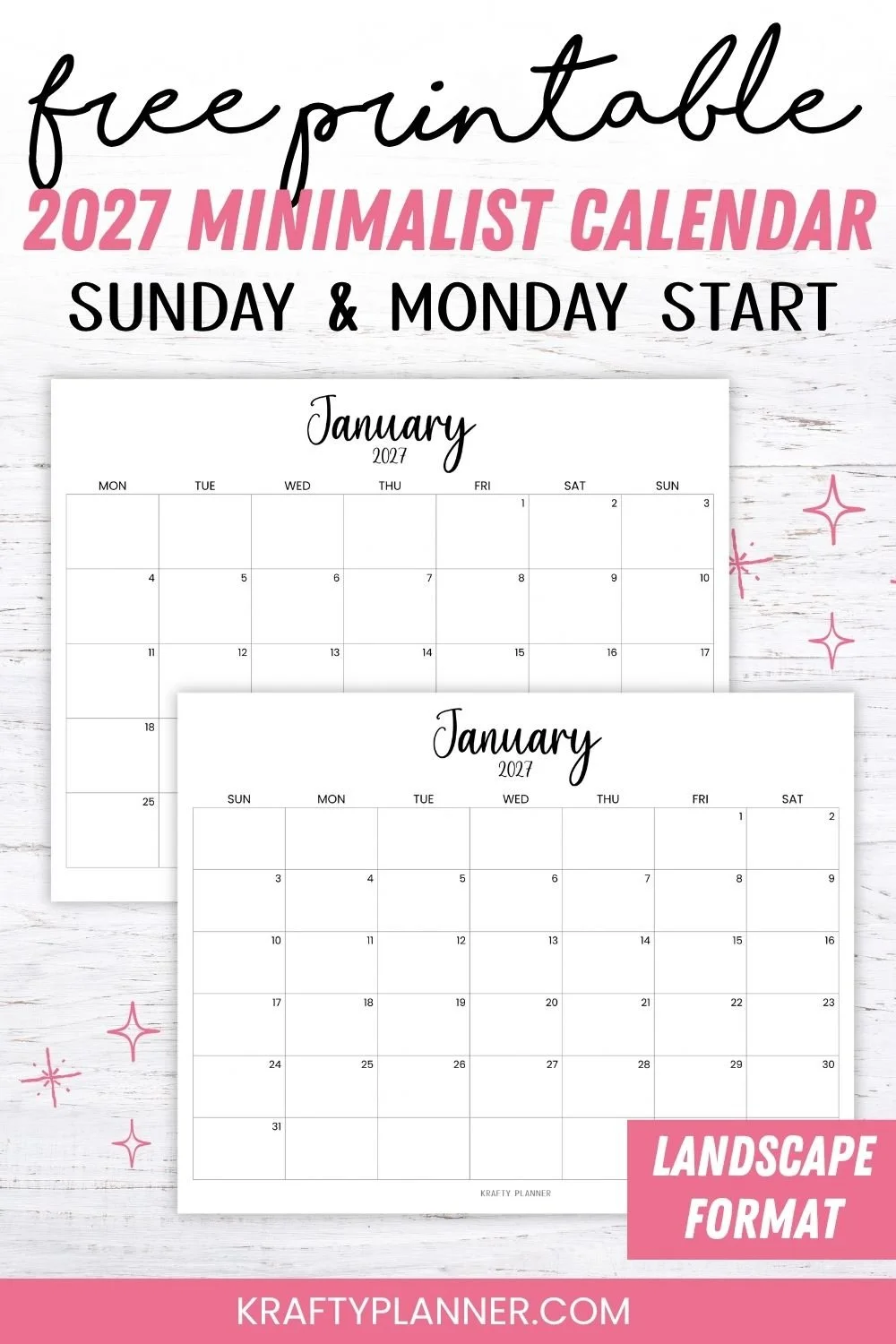 Free Printable 2027 Minimalist Calendar Landscape