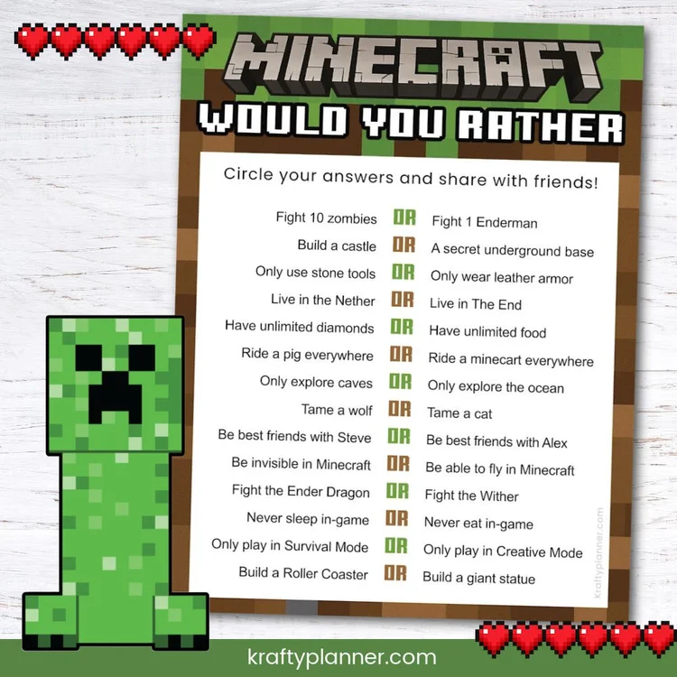 Minecraft “Would You Rather” Printable — Krafty Planner