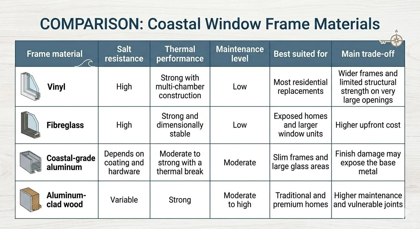 Comparison coastal window frame materials: The Best Replacement Windows for Coastal Homes
