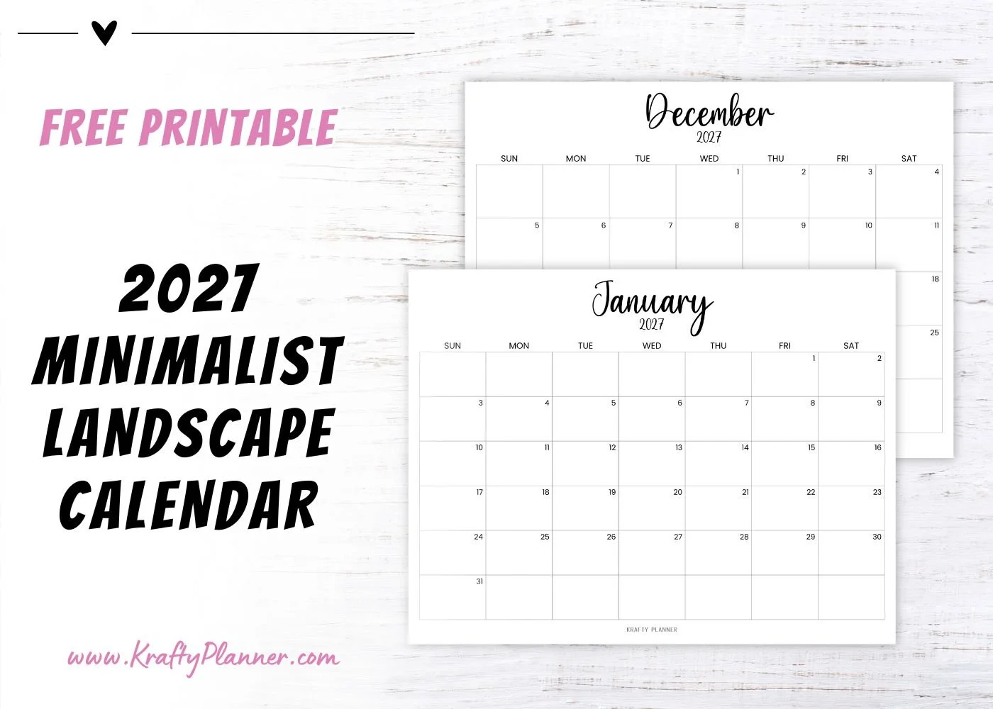 Free Printable 2027 Minimalist Calendar Landscape