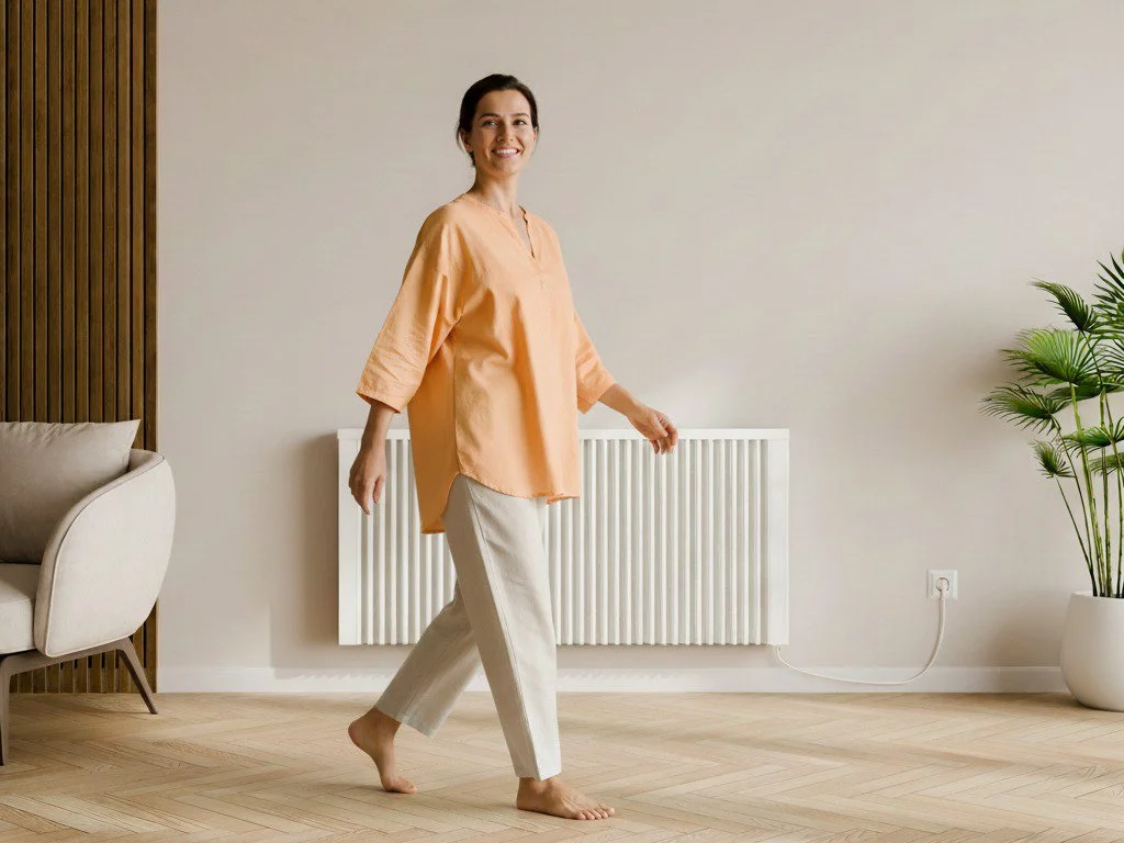 A woman walking barefoot in a contemporary living room, smiling, wearing a peach-colored blouse and beige pants.