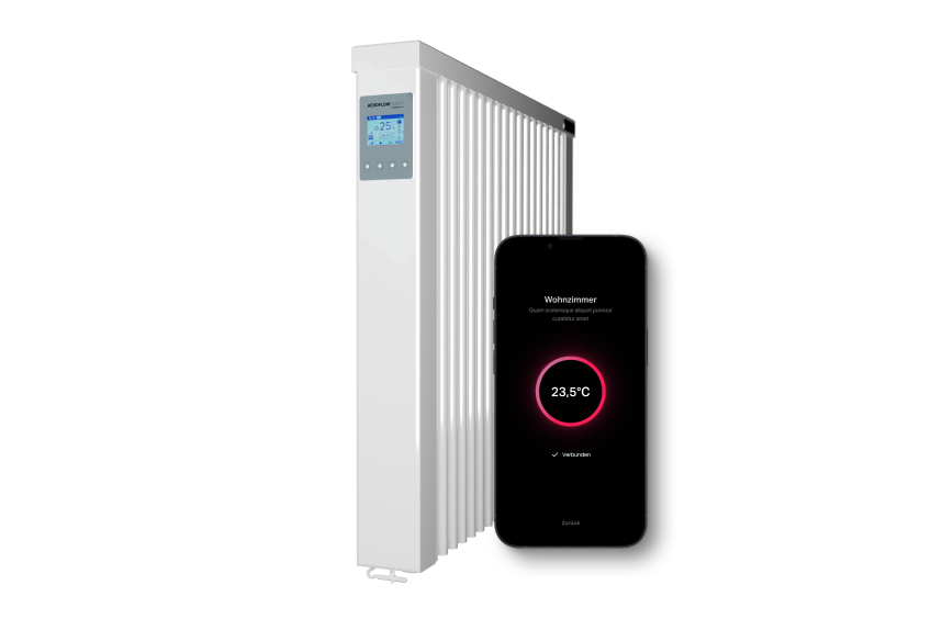 A digital thermostat displaying 25°C, a modern white radiator, and a smartphone showing a temperature of 23.5°C, indicating a smart heating control system.
