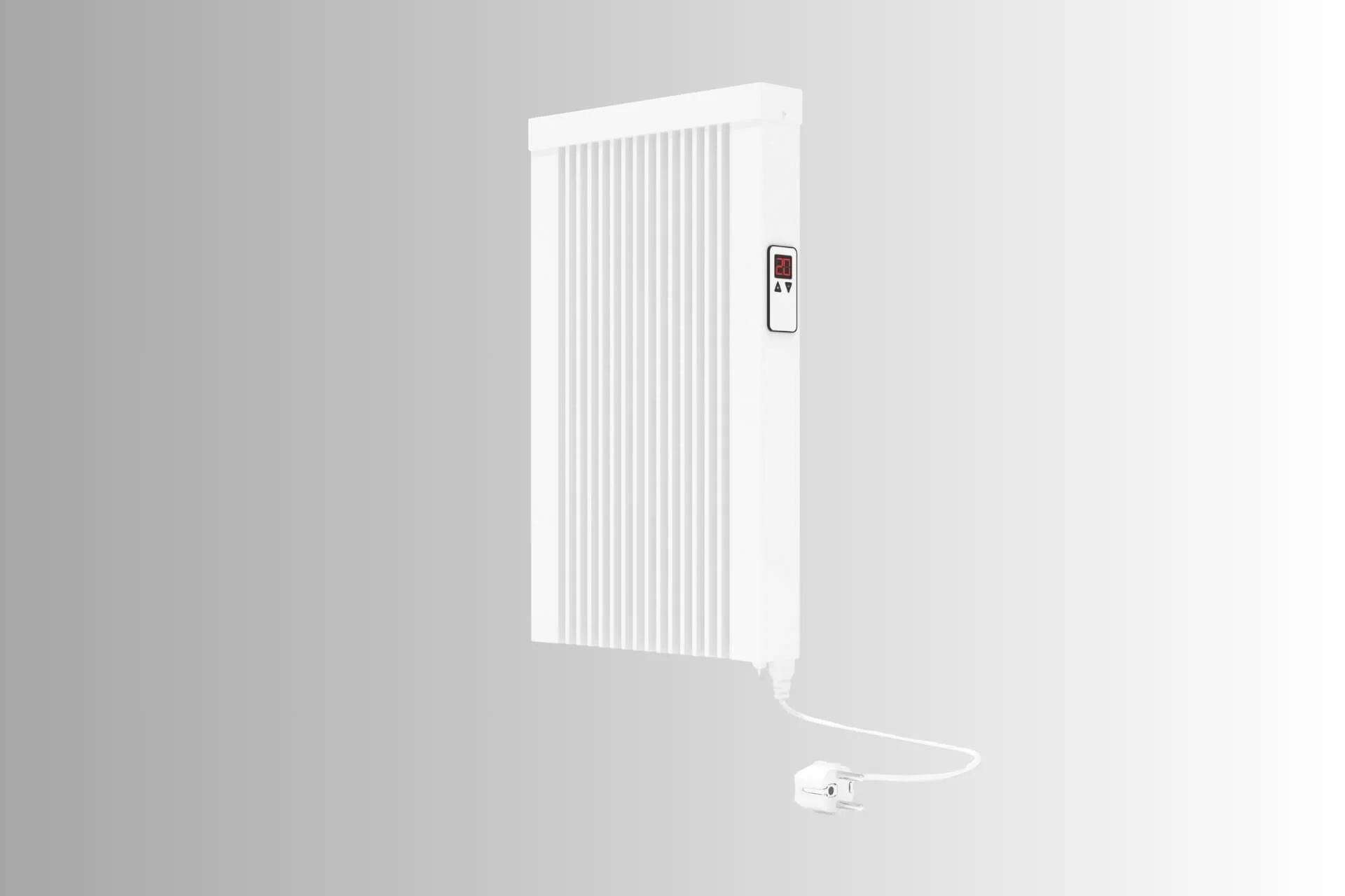 A white electric wall heater with a digital display showing temperature, controls, and an attached power cord and plug.