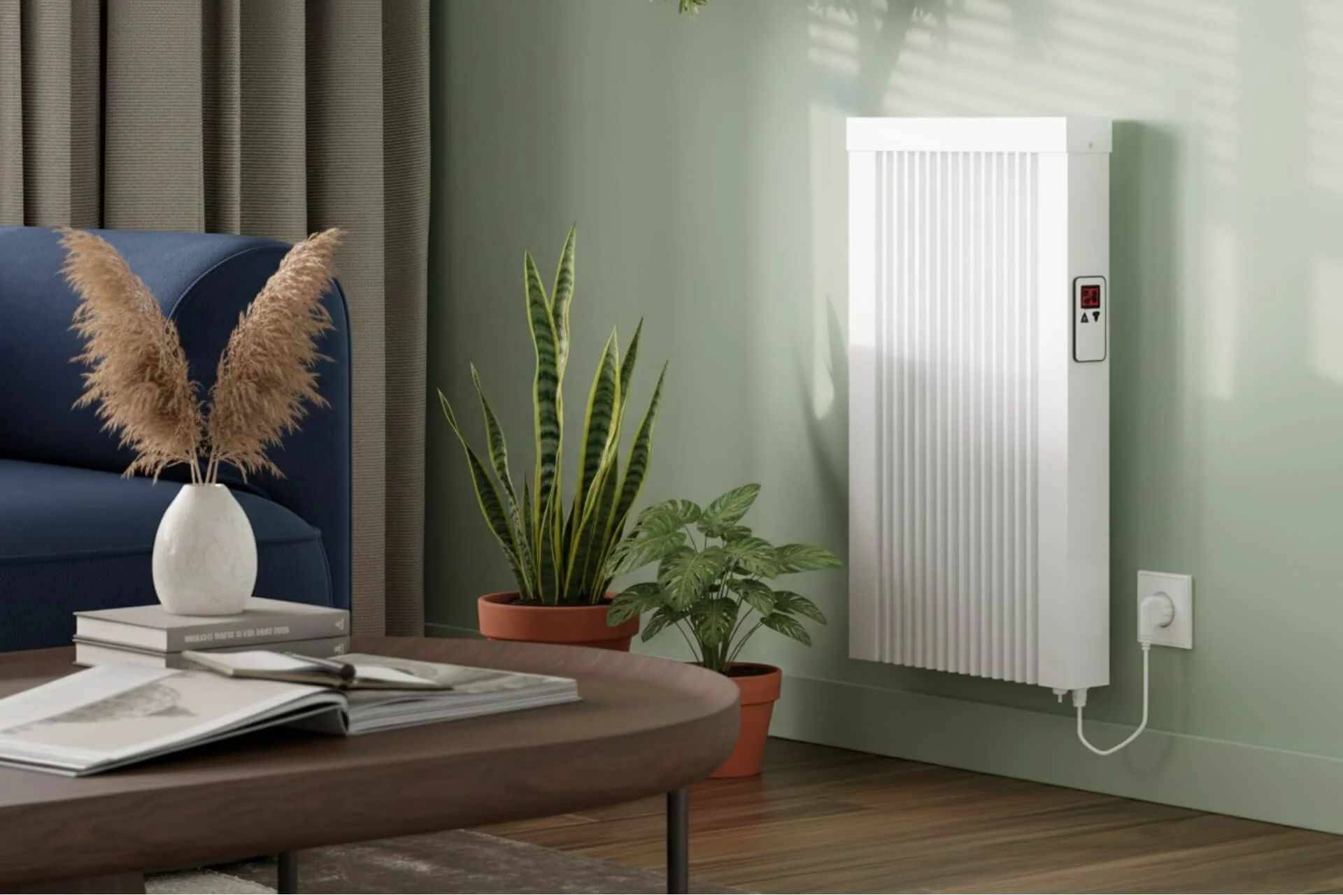 A modern room with a blue sofa, a wooden coffee table with open magazines, a white ceramic vase with pampas grass, two potted plants, and a wall-mounted white electric heater with a remote control and digital display, on a green wall.