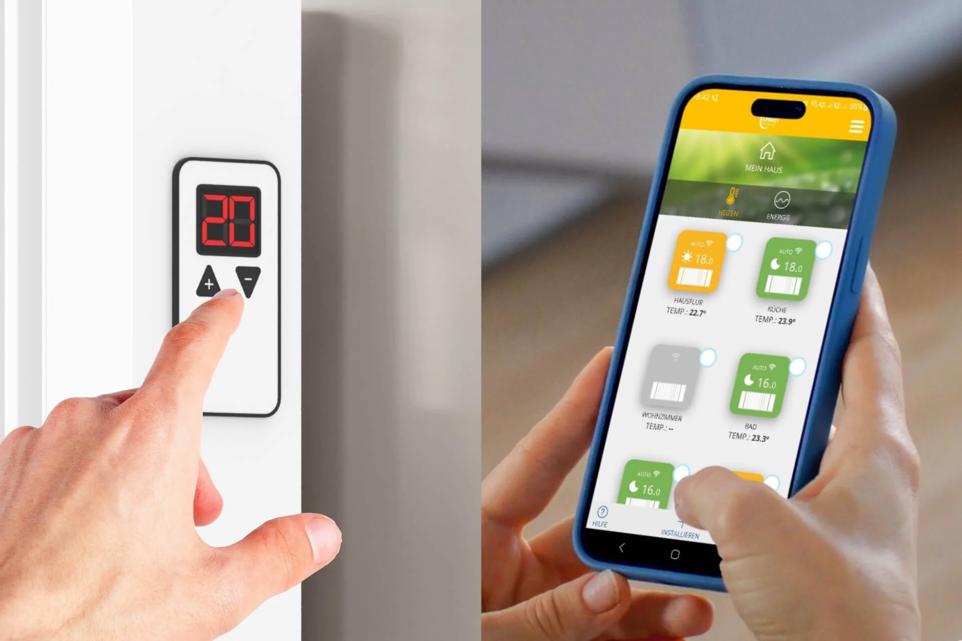 Left side: A hand adjusting a thermostat display showing the number 20. Right side: A hand holding a smartphone with a home automation app controlling temperature settings for various rooms.