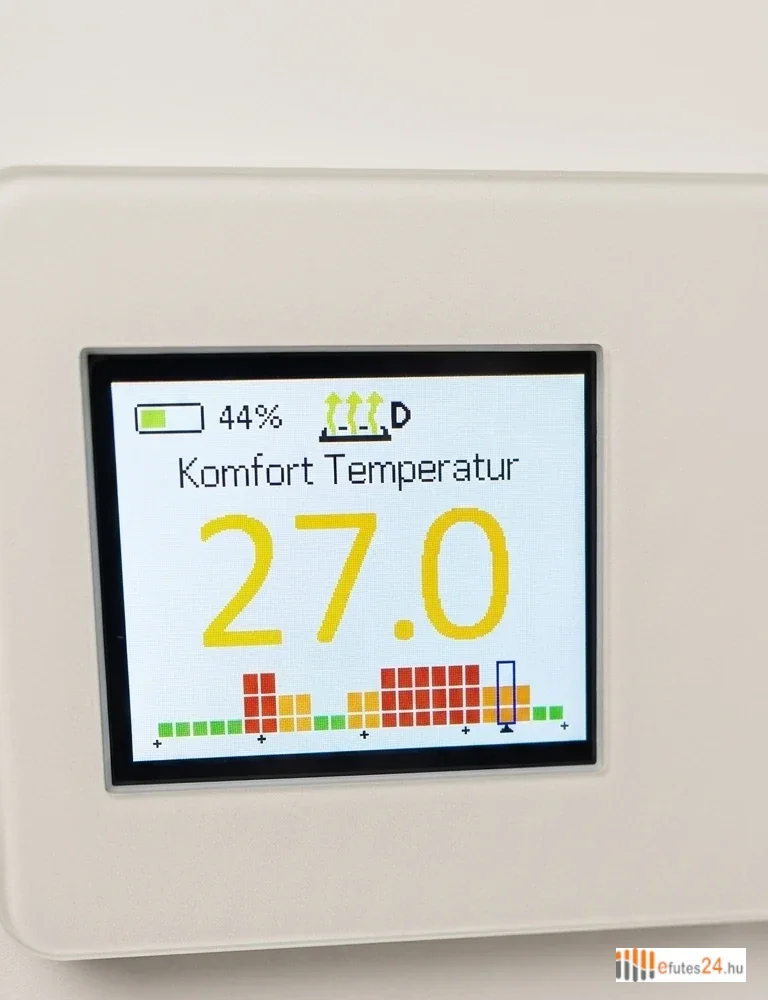 TECHNOTHERM Dynamo Samott Radiátor – TFT kijelző 44%-os hőtárolási szinttel és komfort hőmérséklet beállítással