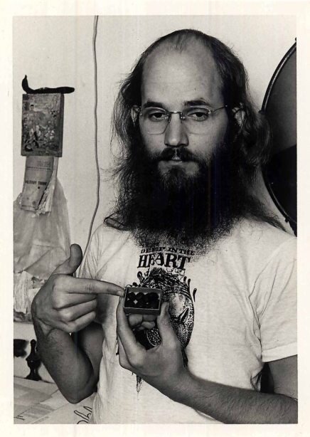 Jim Franklin wearing a t-shirt featuring his artwork, 1971