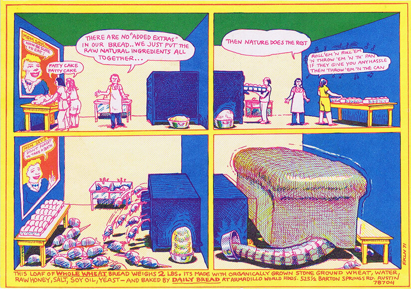 Cartoon Ad for the Bread baked by Daily Bread at the Armadillo World Headquarters, by Jim Franklin, 1971
