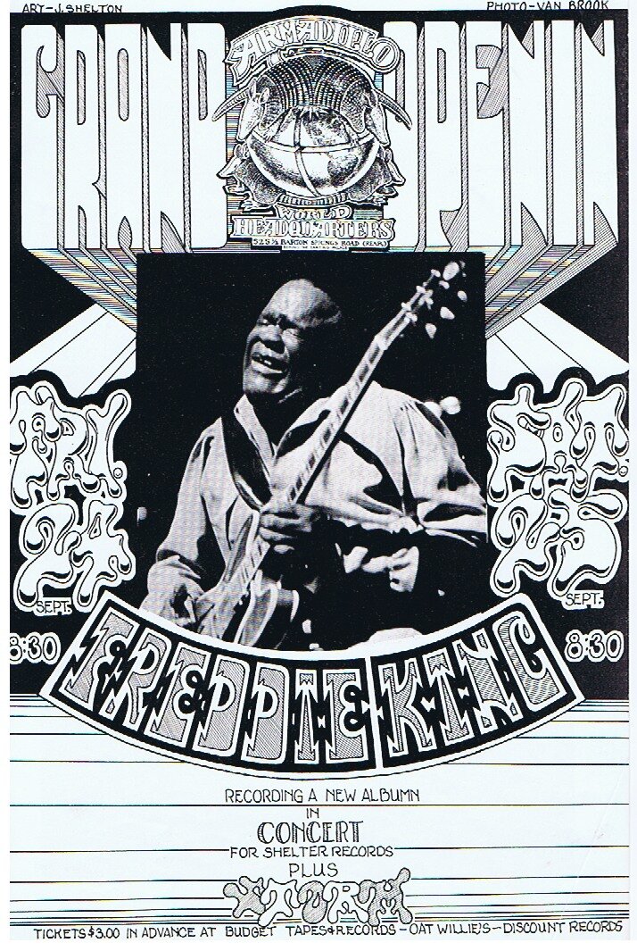 Freddie King Recording a New Album Live in Concert at the Armadillo World Headquarters with Storm, September 24 - 25, 1971 poster by J. Shelton featuring photo by Van Brooks