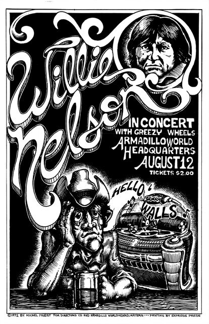Willie Nelson in Concert at the Armadillo World Headquarters, August 12, 1972, poster by Micael Priest