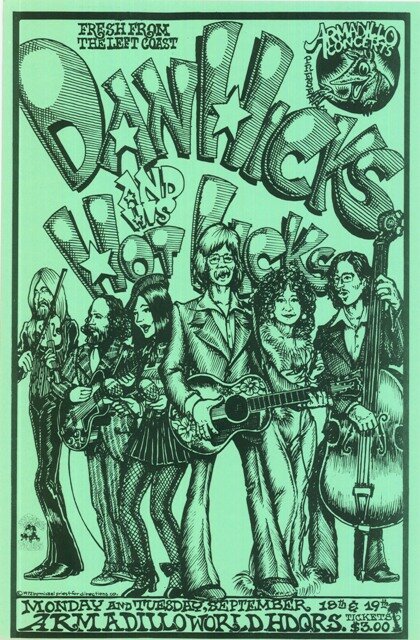 Dan Hicks and His Hot Licks at the Armadillo World Headquarters, September 18 and 19, 1972, poster by Micael Priest