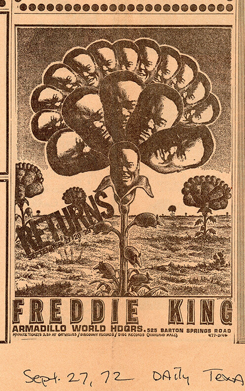Print Ad for Freddie King, Daily Texas, September 27, 1972, art by Jim Franklin