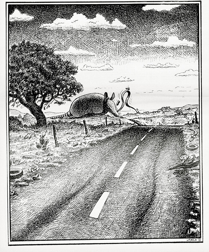 Armadillo Eats Road, screenprint, September 1972, by Jim Franklin