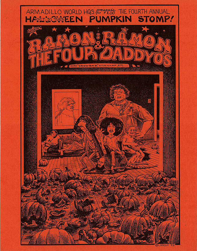 Ramon Ramon & The Four Daddyo's at the 4th Annual Halloween Pumpkin Stomp at the Armadillo World Headquarters, October, 1972, by Jim Franklin