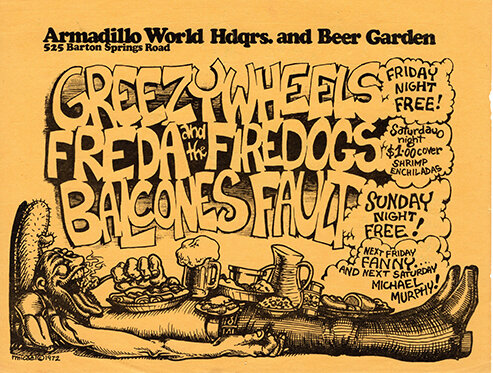 Greezy Wheels, Freda and the Firedogs, and Balcones Fault at the Armadillo World Headquarters, 1972, by Micael Priest