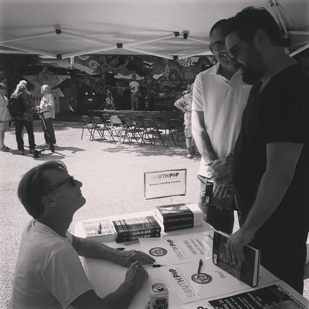 #joenickpatoski holding court and signing books. Awesome day at #southpop #atxhistory #atxevents #bigswigwater