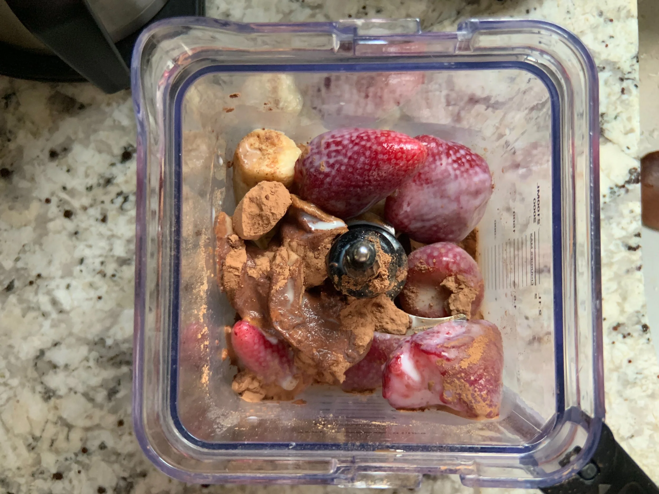 Chunked bananas, strawberries, almond butter, cocao, vanilla, and cow juice