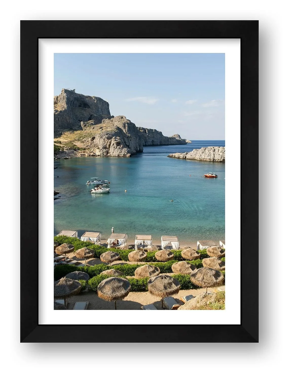 Mediterranean Stillness, St Paul's Bay – Rhodes print in a black frame