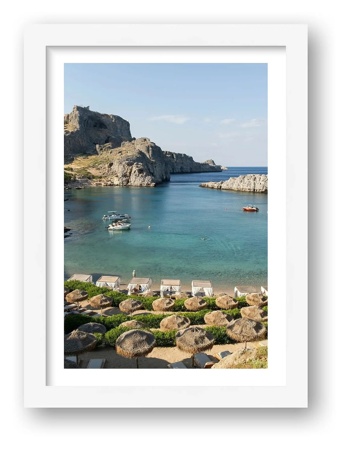 Mediterranean Stillness, St Paul's Bay – Rhodes print in a white frame