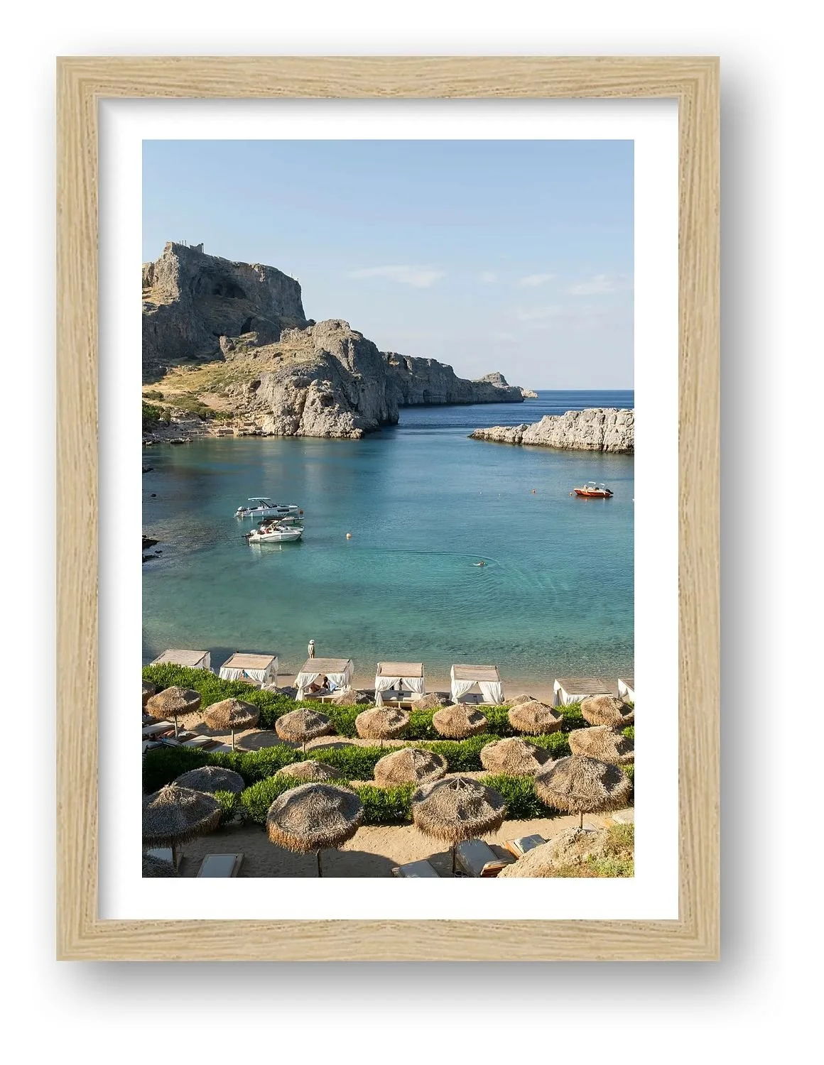 Mediterranean Stillness, St Paul's Bay – Rhodes print in a natural oak frame