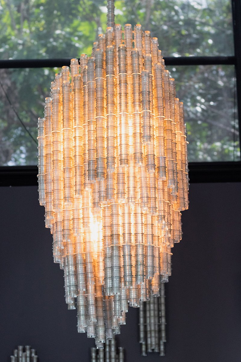  new Transmutation chandelier 'Symbiosis', by Thierry Jeannot, made of repurposed / up-cycled plastic bottle (PET) waste. Sustainable design at its best. Waste usage and social design for a better world. 