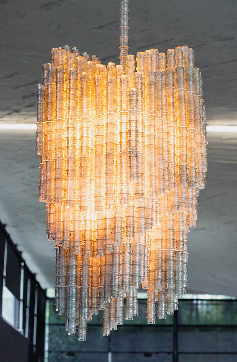  new Transmutation chandelier 'Symbiosis', by Thierry Jeannot, made of repurposed / up-cycled plastic bottle (PET) waste. Sustainable design at its best. Waste usage and social design for a better world. 