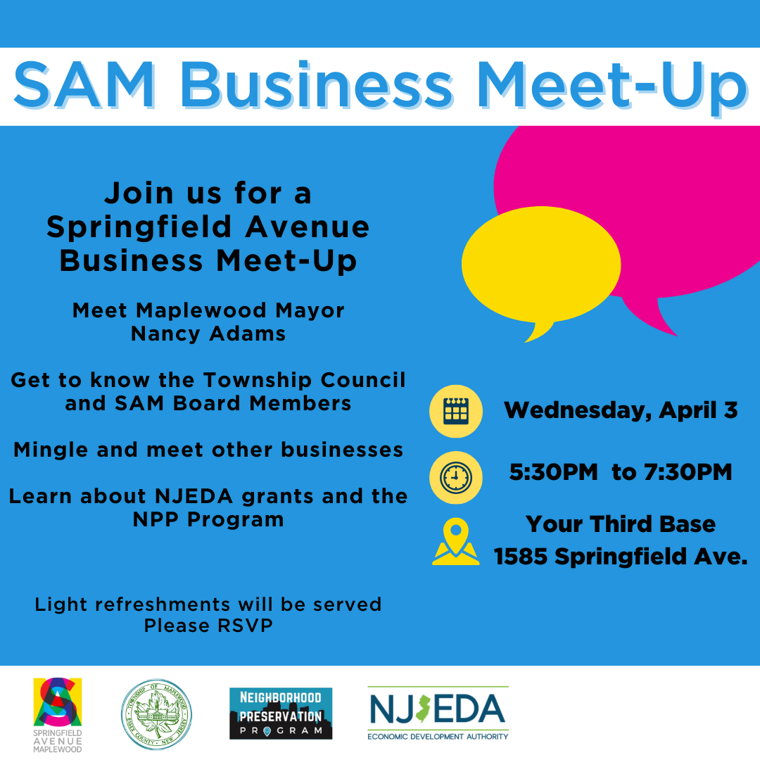 Join Springfield Avenue for a Business Meet-Up on April 3 from 5:30 to 7:30 PM