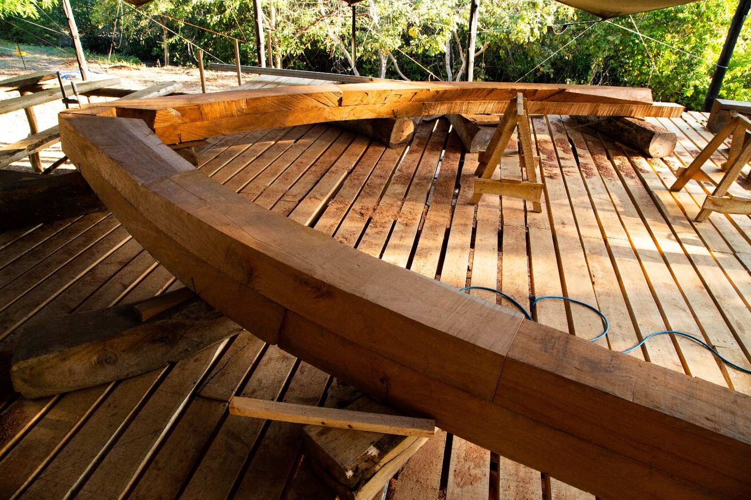 Framing tallship Ceiba at Astillero Verde . This framing deck is built of all local Cypress trees, and the frame itself is of sustinably-sourced Spanish Cedar. Photo: Jeremy Starn.