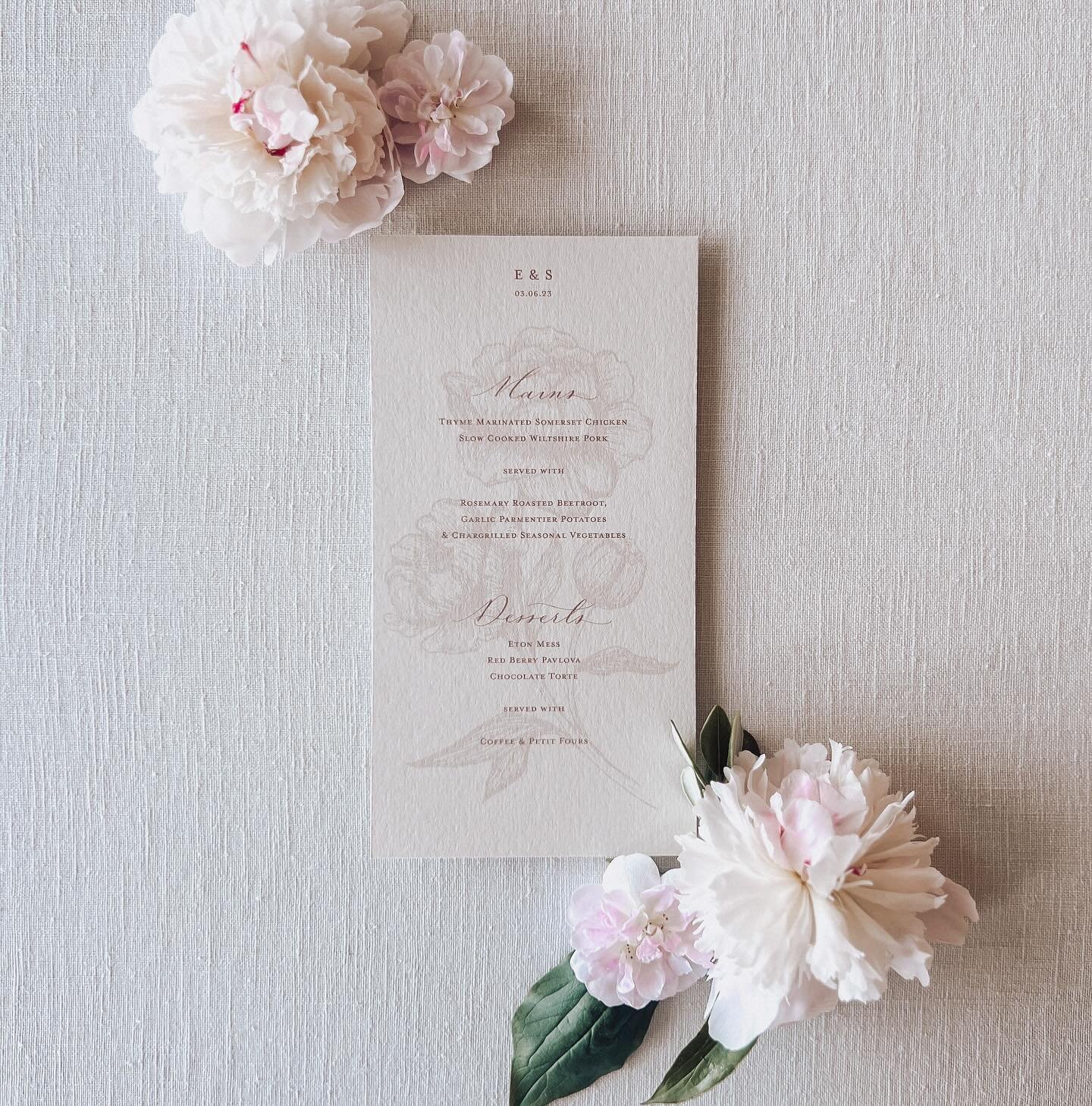 I can&rsquo;t believe it&rsquo;s May which means the peonies will be in bloom again soon and is a reminder for me that summer is just around the corner. 
.
.
.
#weddingstationery #weddingmenu #prettypaperie #peonyseason #weddingseason #dottheiatelier