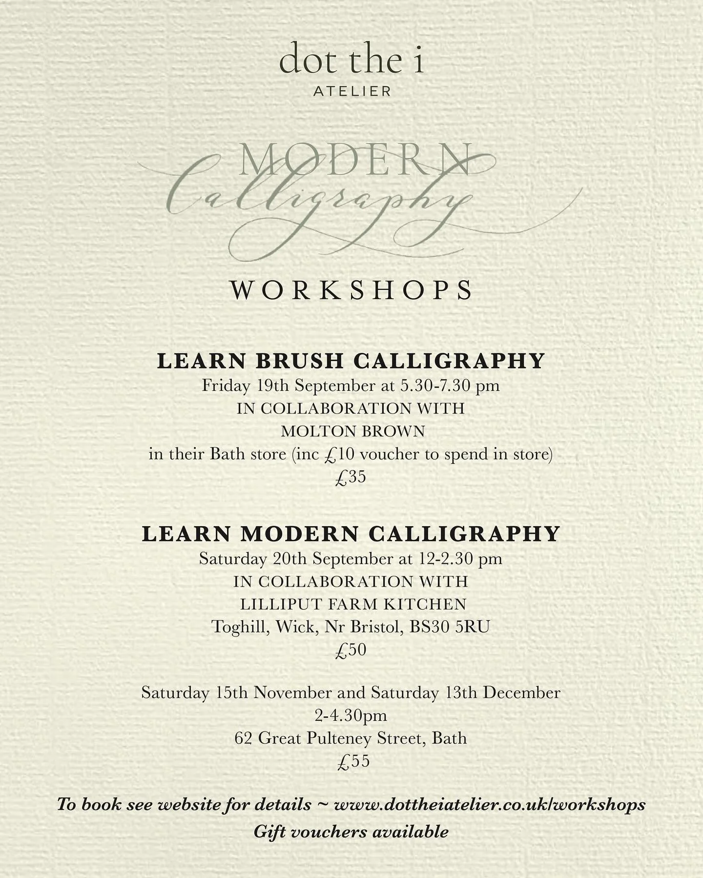 New workshop dates. If you would like to learn the art of calligraphy, I have workshops coming up throughout the Autumn and Winter months including collaborations with Molton Brown and @lilliputfarmkitchen. See website or link in bio for details : ww