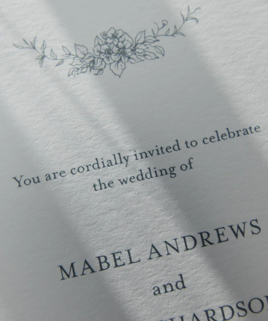 A &lsquo;Cordelia&rsquo; invitation with hand-drawn illustration from my semi-custom collection and you can really see the tactile, texture of the card in the sunlight. 

I believe that thought &amp; consideration is given to the quality of the card 