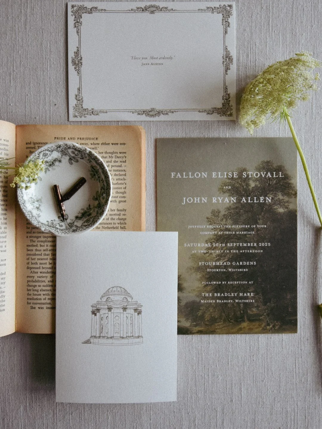 The details. A landscape painting that set the tone, a quote that captured the essence of the occasion and gave a nod to the literary nostalgia and romance. 
.
.
.
#wiltshirewedding #stourhead #janeausten #weddinginvitation #dottheiatelier