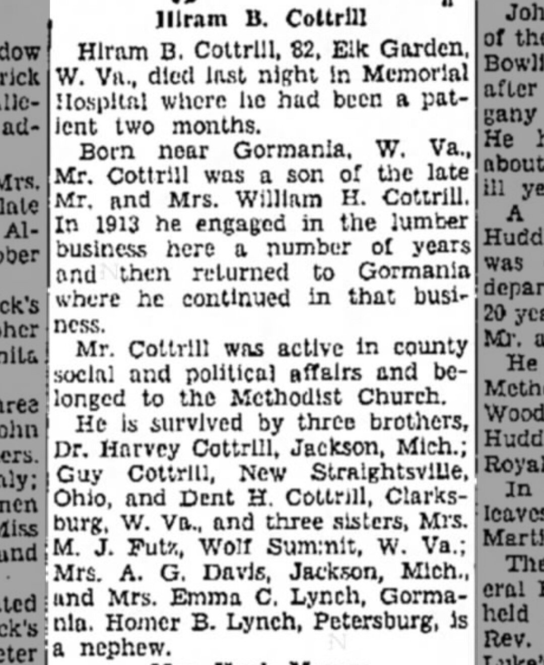Remembering Hiram Cottrill, who died 73 years ago today. Born to a farming family near Gormania, Cottrill worked as a mine superintendent before building our Opera House. He owned the theatre and saloon for more than a decade. Here, his obituary from