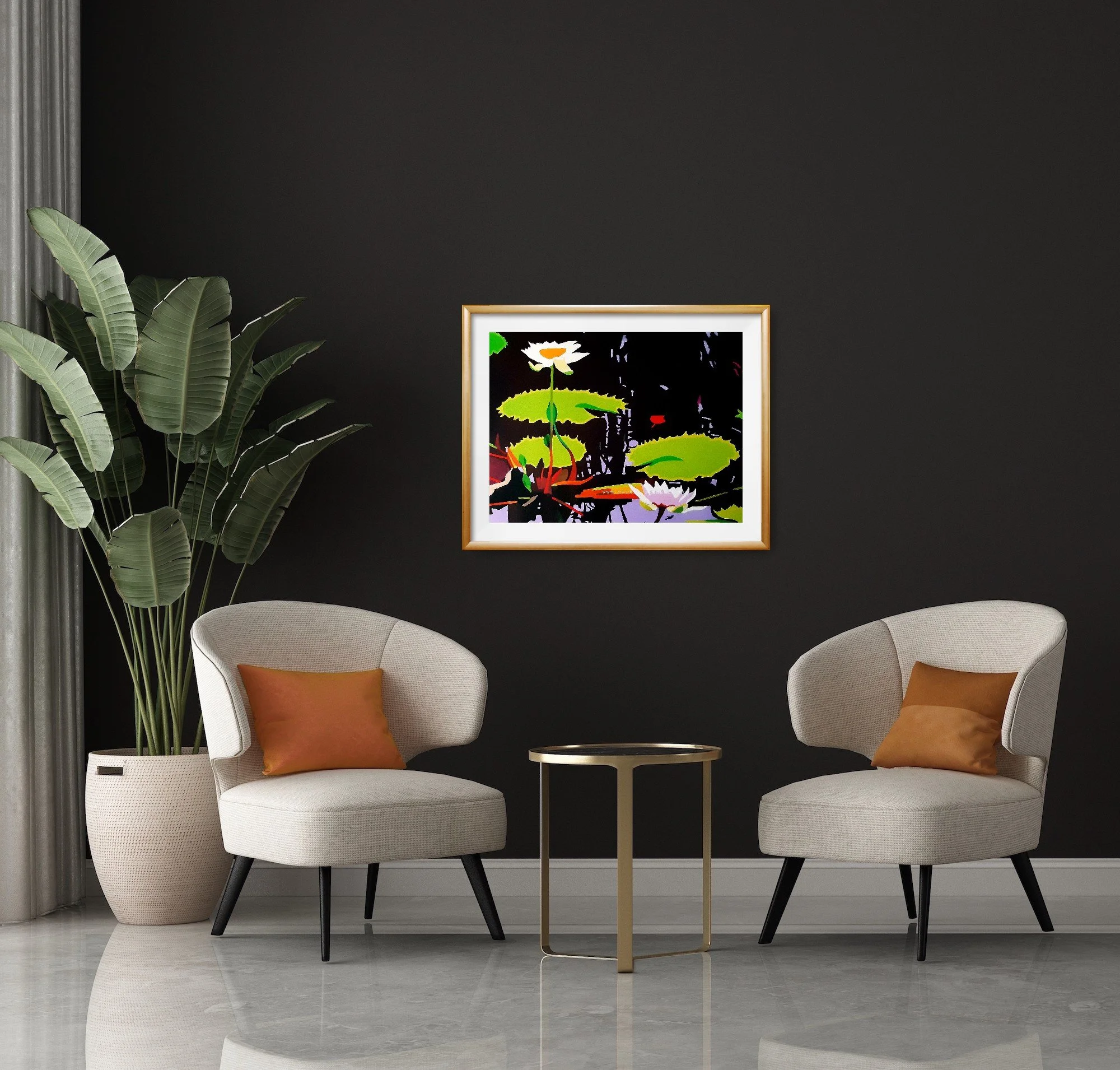 Framed waterlilies fine art print displayed .jpg