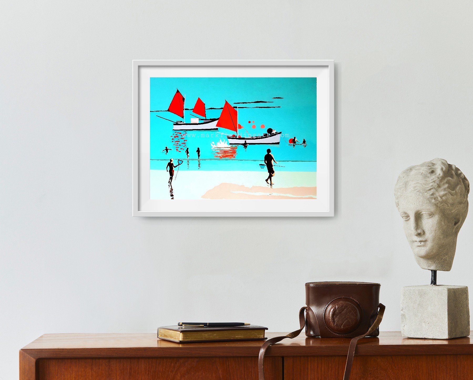 Red sail fishing boats art print on wall.jpg