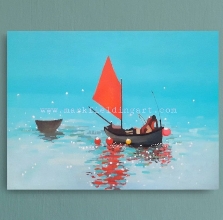 An stunning fine art print of a red sail fishing boat in a azure blue sea off the coast of Cornwall. (Copy)