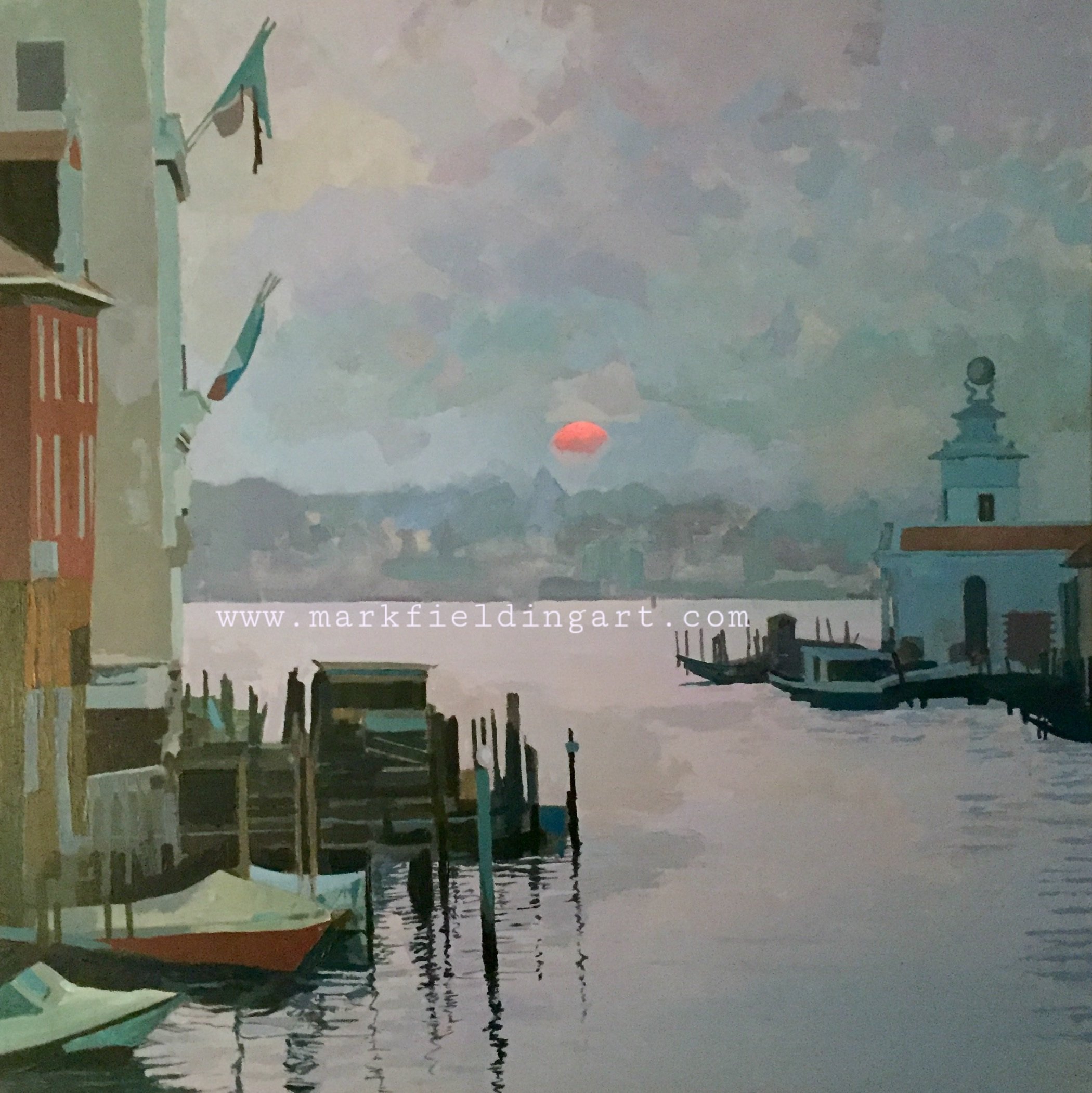 A fine art print of the sunrise on the Grand Canal in Venice muted colours