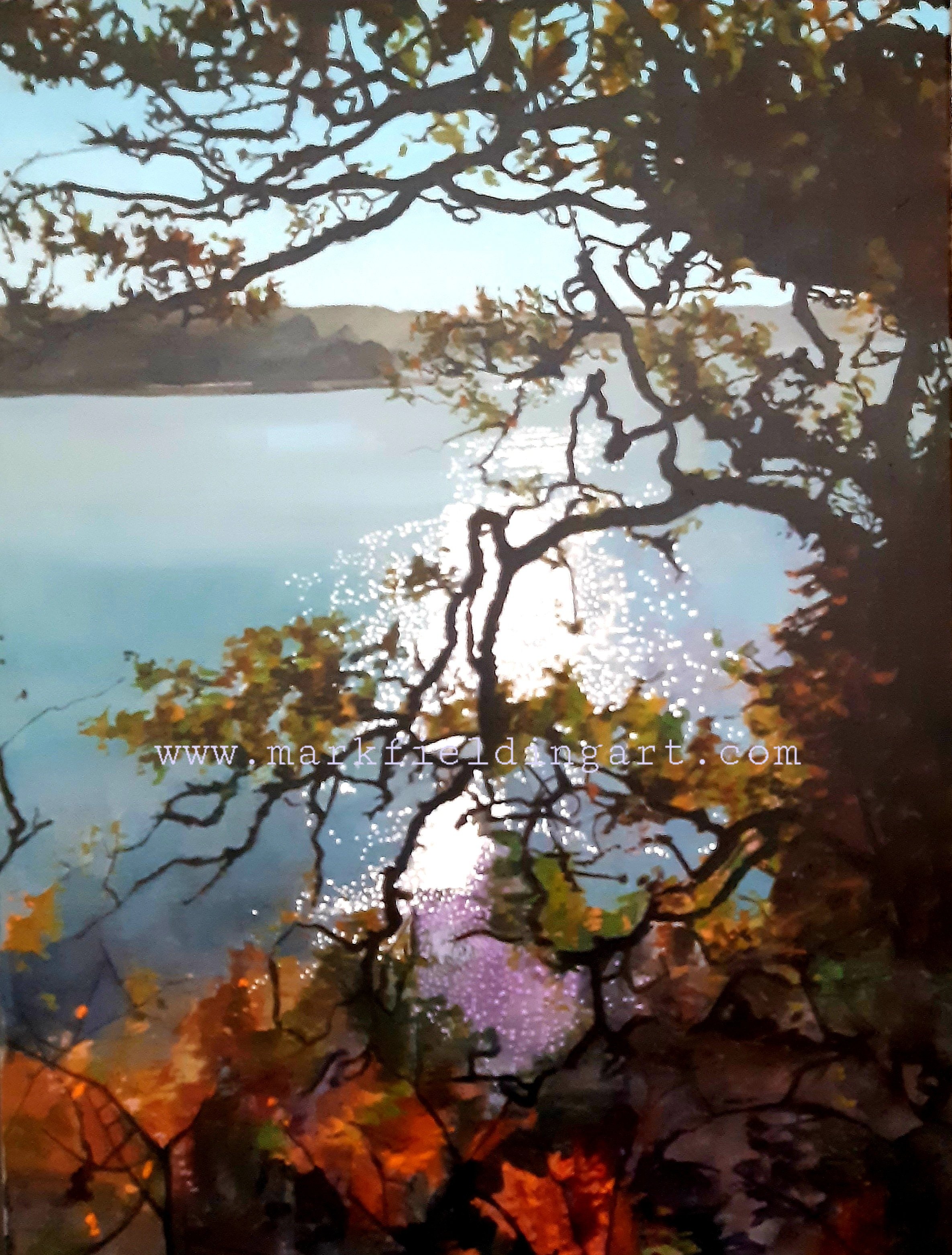 A signed print of a river view in Cornwall through trees with sunlight reflecting off the water (Copy)