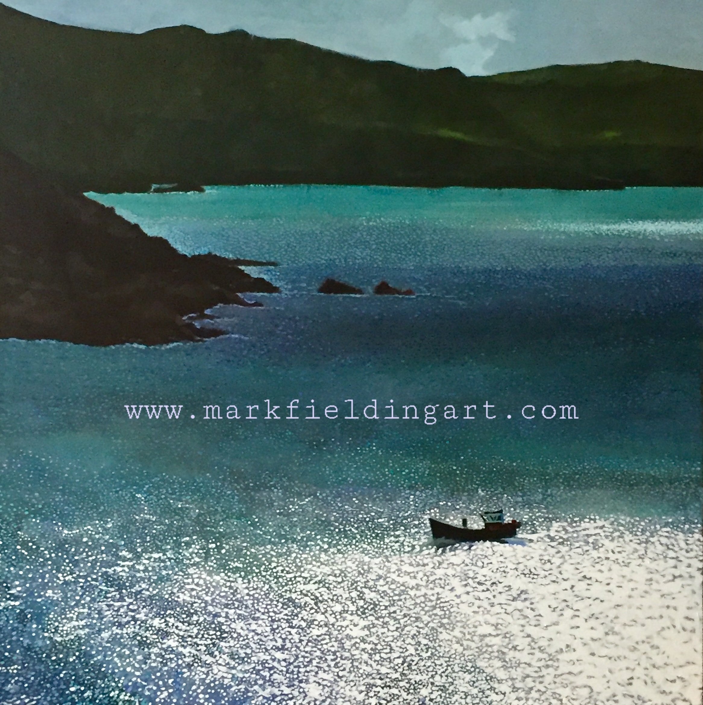 A fishing boat off the Devon coast with the light catching the sea as a fine art print