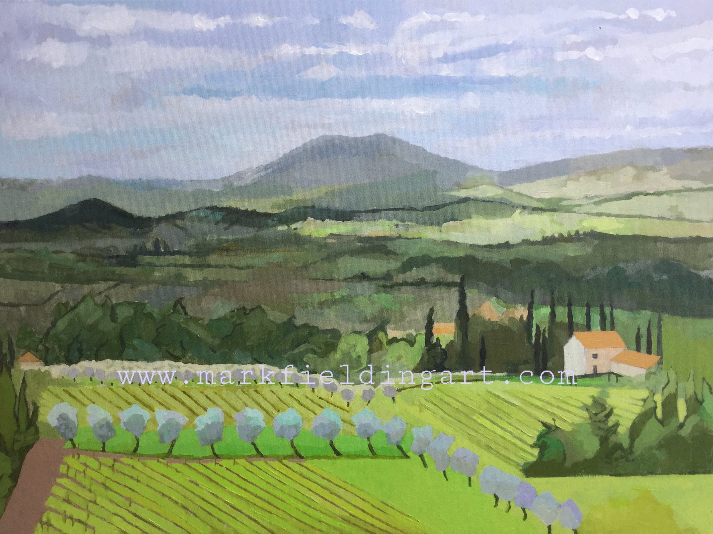 A beautiful signed art print of the stunning landscape of Tuscany in Italy with vivid greens, olive trees and hills.