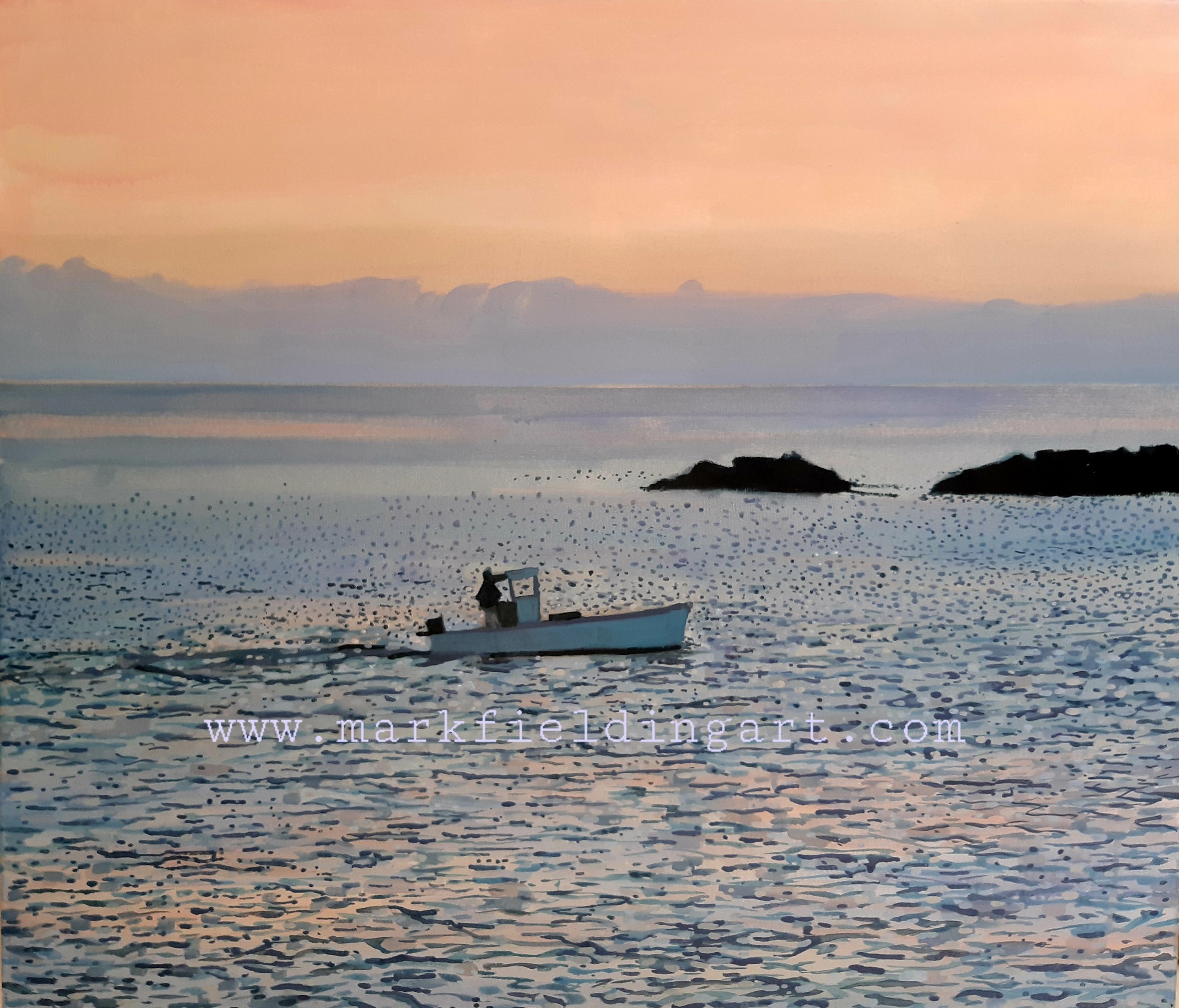 A small Cornish fishing boat setting out on the sea for a day's fishing as the sun rises. (Copy)